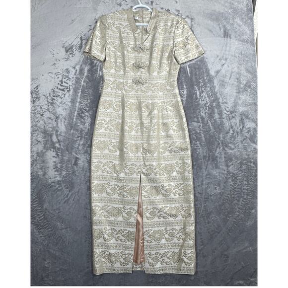 Asian Inspired Cheongsam Long Maxi Dress Kenneth Nolan Size 6 Tan Formal Event - Picture 1 of 8
